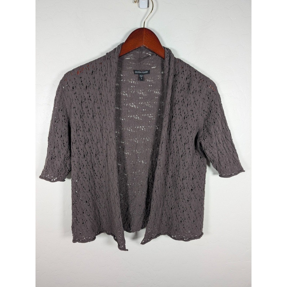 Eileen Fisher Sweater Women Medium Cardigan Lacey Knit Brown Open Wool